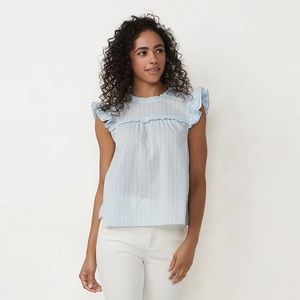 LC Lauren Conrad Ruffle High-Neck Blouse Light Blue Stripe  Size L